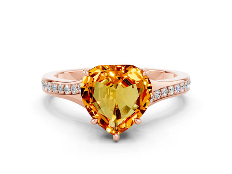 Rose gold Heart Cut Citrine Solitaire Ring with Pavé Band and Prong Setting_12