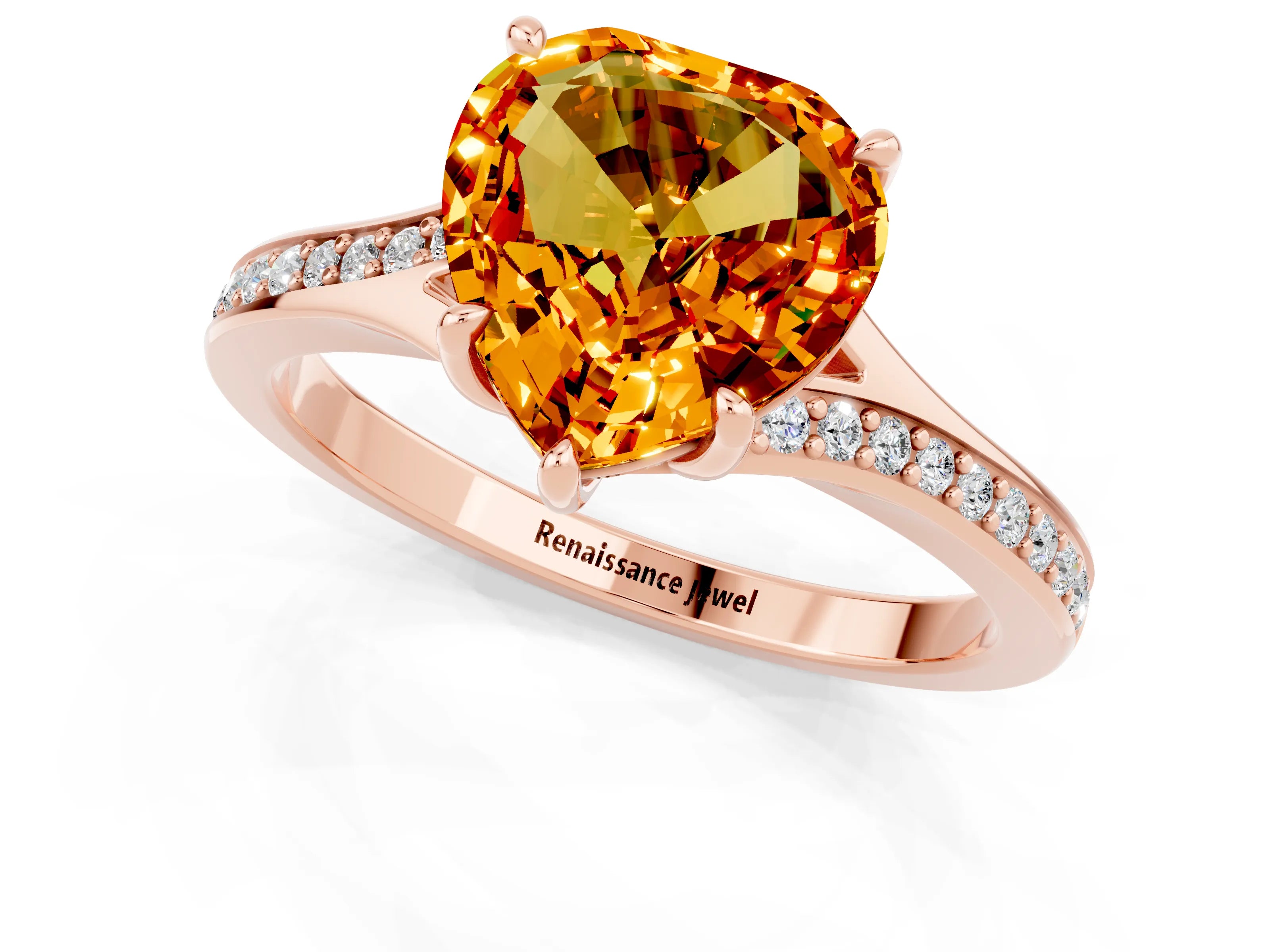 Rose gold Heart Cut Citrine Solitaire Ring with Pavé Band and Prong Setting_13