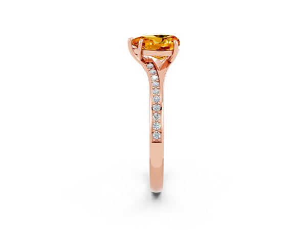 Rose gold Heart Cut Citrine Solitaire Ring with Pavé Band and Prong Setting