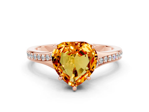 Rose gold Heart Cut Citrine Solitaire Ring with Pavé Band and Prong Setting