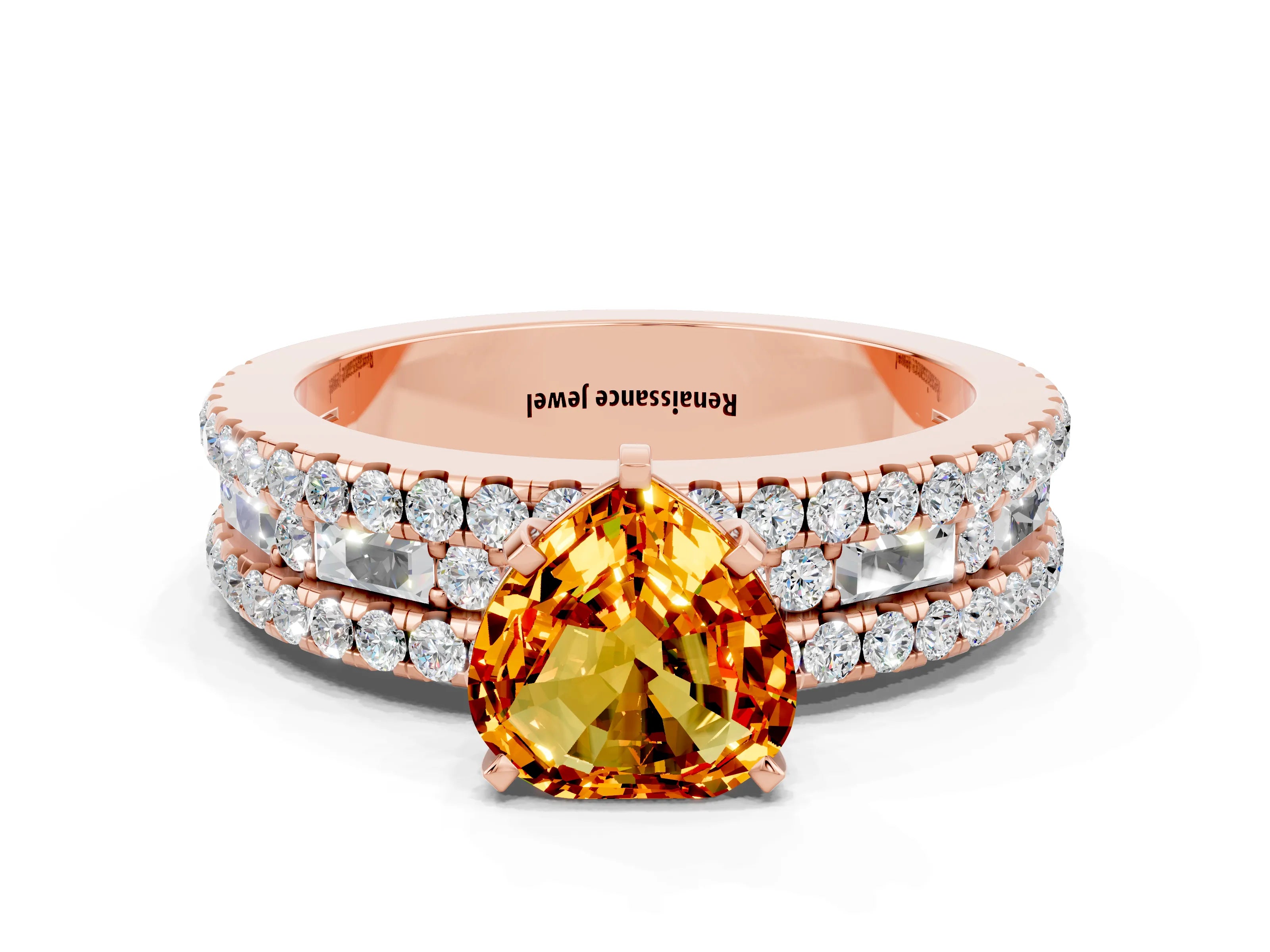 Rose gold Heart Cut Citrine Solitaire Ring with Pavé and Channel Set Band