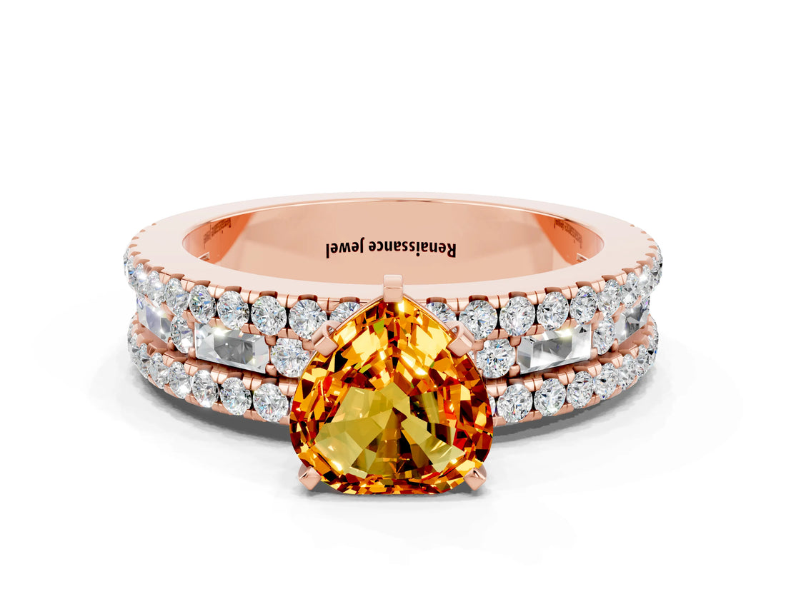 Rose gold Heart Cut Citrine Solitaire Ring with Pavé and Channel Set Band