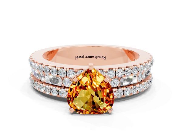 Rose gold Heart Cut Citrine Solitaire Ring with Pavé and Channel Set Band