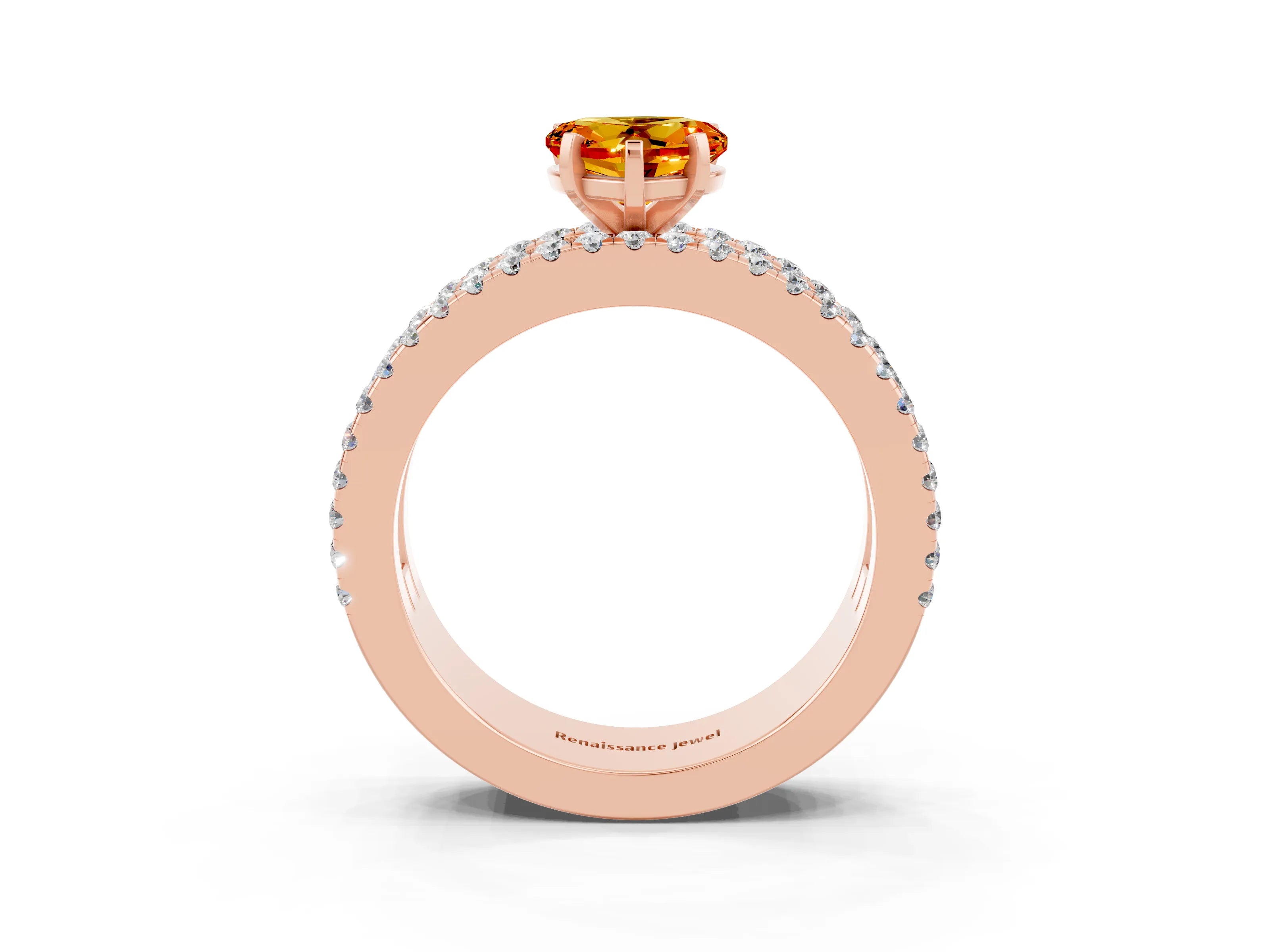 Rose gold Heart Cut Citrine Solitaire Ring with Pavé and Channel Set Band_3