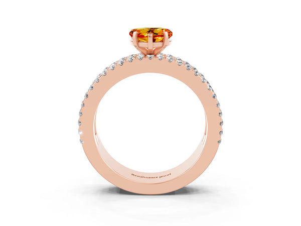 Rose gold Heart Cut Citrine Solitaire Ring with Pavé and Channel Set Band