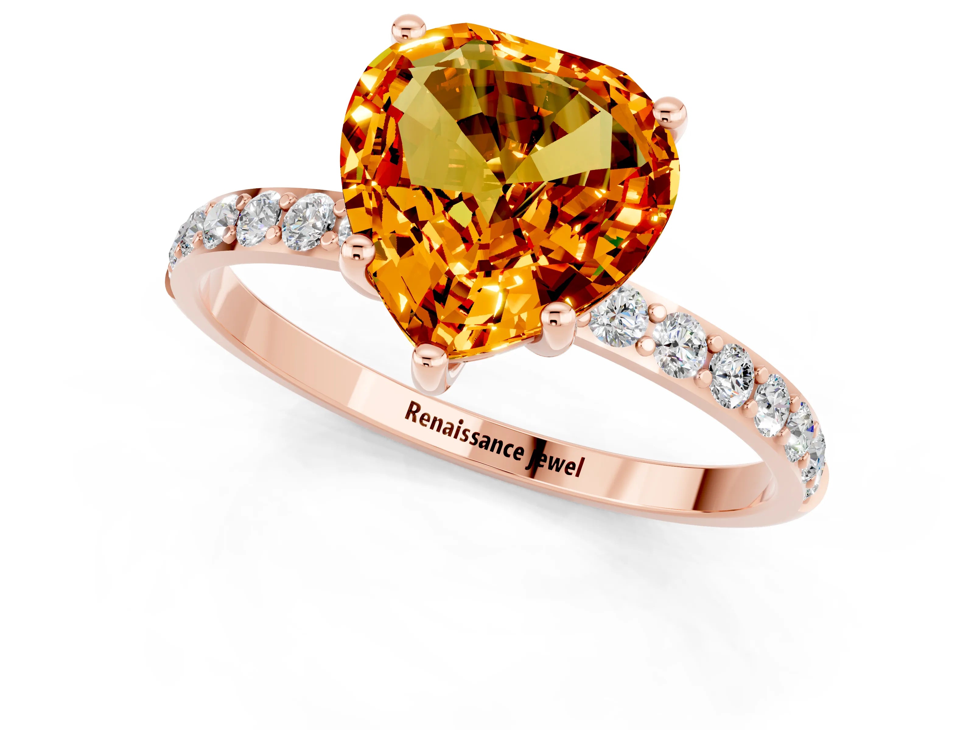Rose gold Heart Cut Citrine Solitaire Ring with Pave Band and Four Prong Setting_25