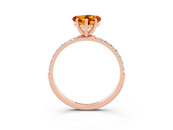 Rose gold Heart Cut Citrine Solitaire Ring with Round  Pavé Band and Prong Setting