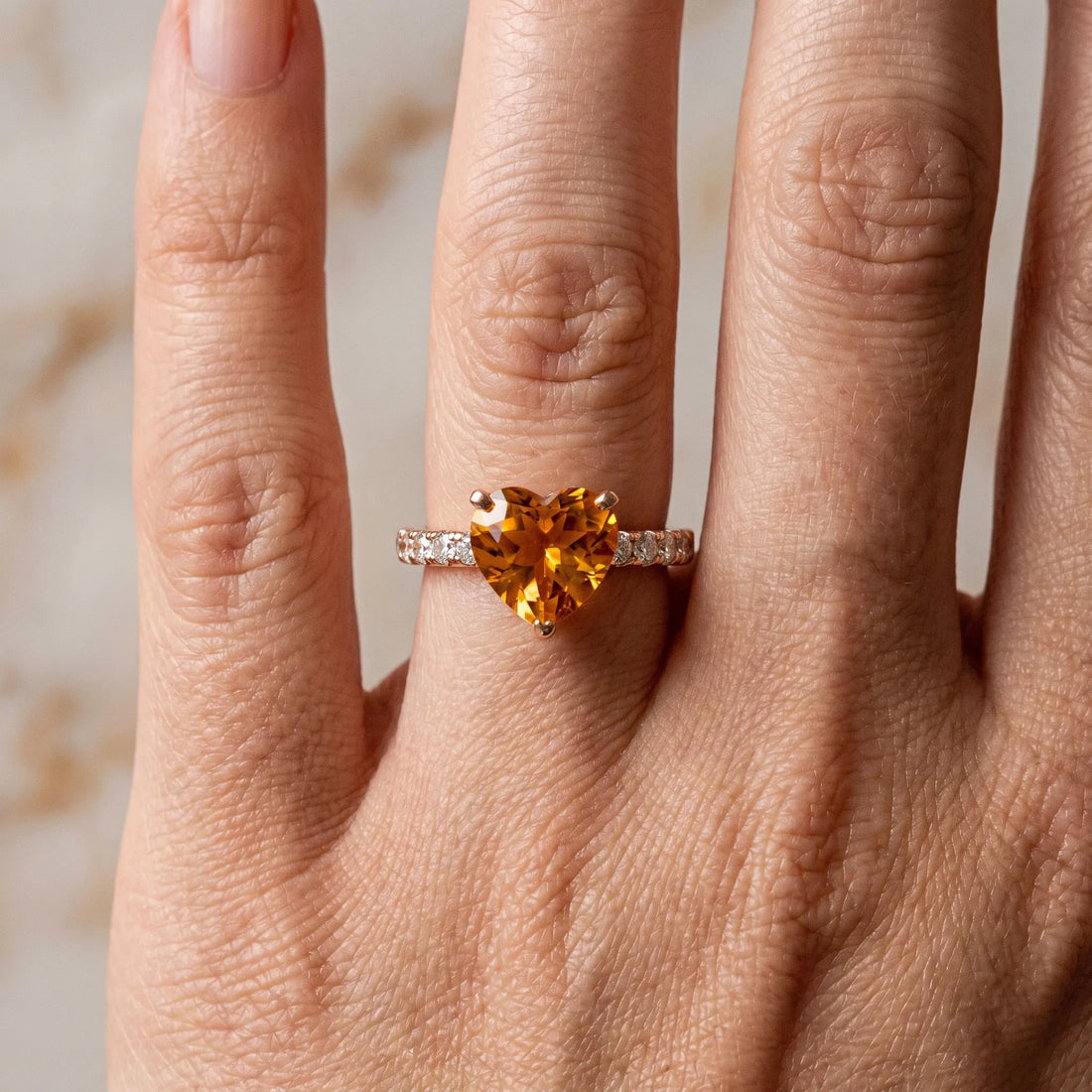 Rose gold Heart Cut Citrine Solitaire Ring with Round  Pavé Band and Four-Prong Setting_42