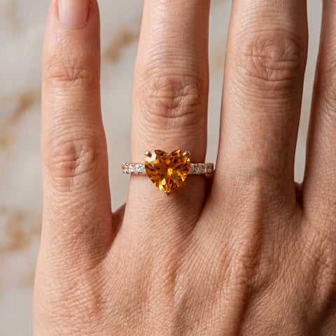 Rose gold Heart Cut Citrine Solitaire Ring with Round  Pavé Band and Four-Prong Setting_42