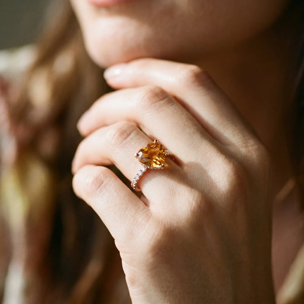 Rose gold Heart Cut Citrine Solitaire Ring with Round  Pavé Band and Four-Prong Setting