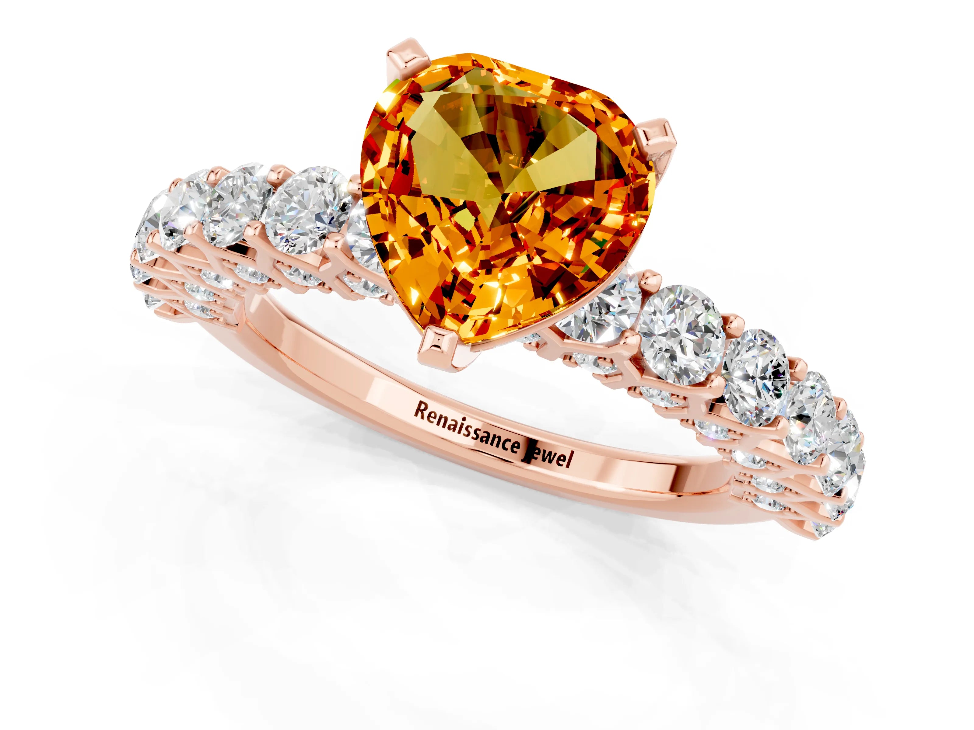 Rose gold Heart Cut Citrine Solitaire Ring with Shared Prong Pavé Band and Four-Prong Setting_13