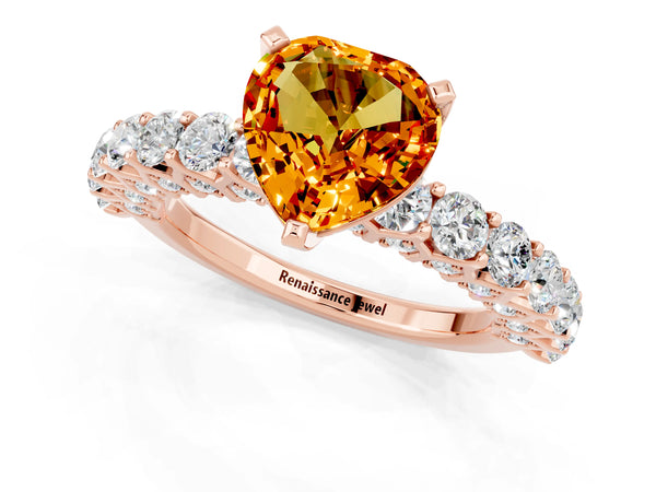 Rose gold Heart Cut Citrine Solitaire Ring with Shared Prong Pavé Band and Four-Prong Setting