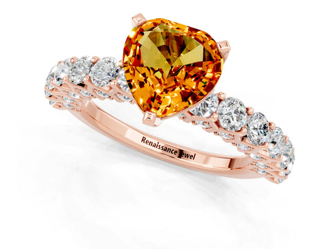 Rose gold Heart Cut Citrine Solitaire Ring with Shared Prong Pavé Band and Four-Prong Setting_13