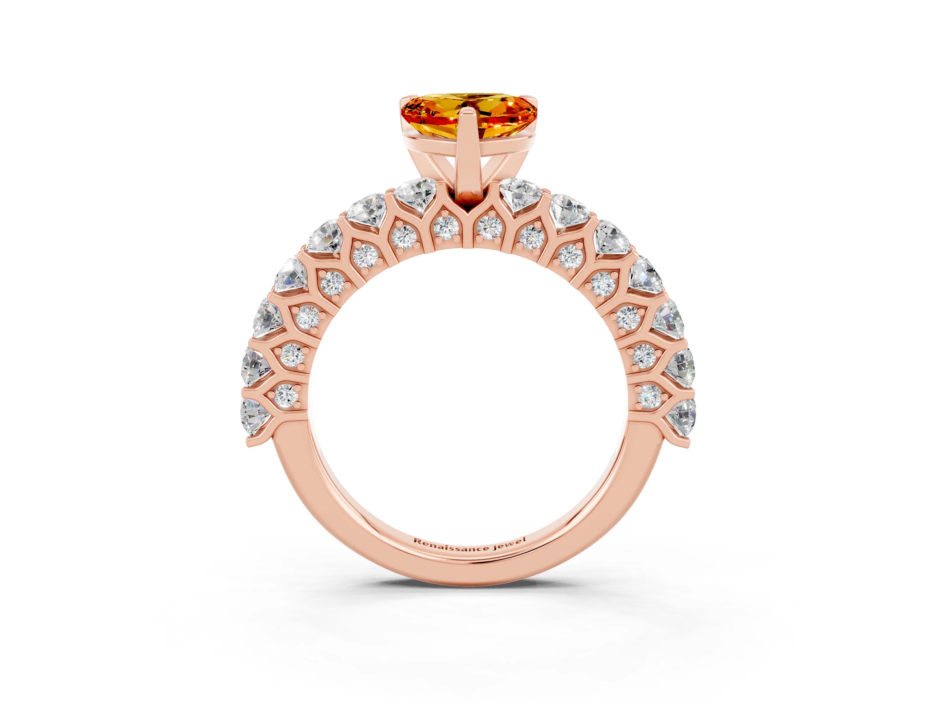 Rose gold Heart Cut Citrine Solitaire Ring with Shared Prong Pavé Band and Four-Prong Setting_15