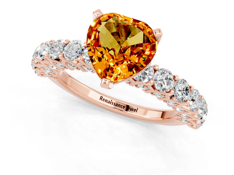 Rose gold Heart Cut Citrine Solitaire Ring with Shared Prong Pavé Band and Four-Prong Setting_1