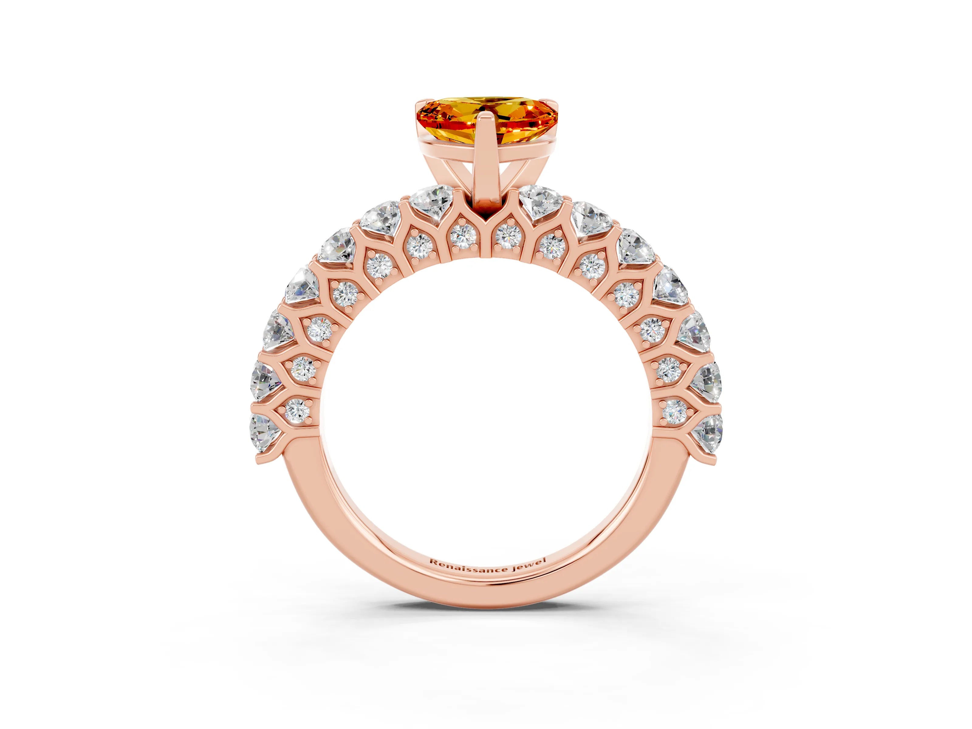 Rose gold Heart Cut Citrine Solitaire Ring with Shared Prong Pavé Band and Four-Prong Setting_3
