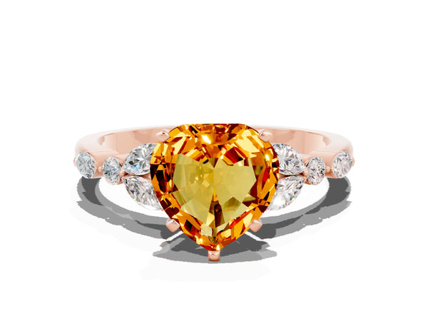 Rose gold Heart Cut Citrine Solitaire Ring with Side Stones and Four-Prong Setting