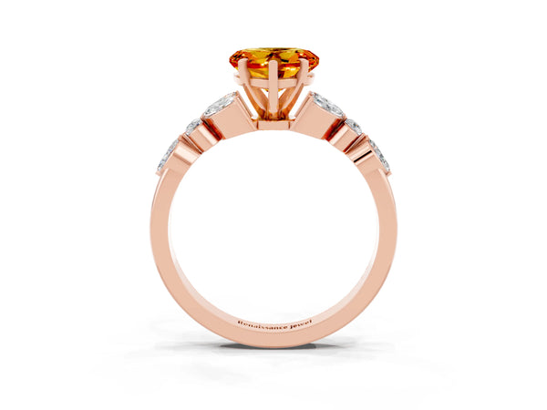 Rose gold Heart Cut Citrine Solitaire Ring with Side Stones and Four-Prong Setting