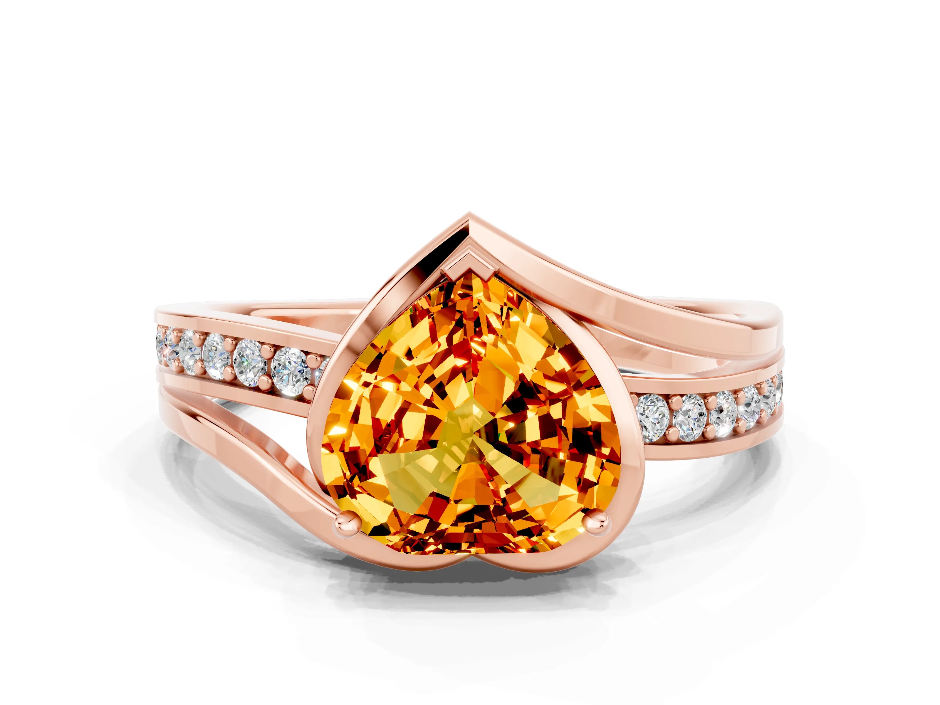 Rose gold Heart Cut Citrine Solitaire Ring with Split Shank and Prong Setting