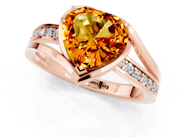 Rose gold Heart Cut Citrine Solitaire Ring with Split Shank and Prong Setting
