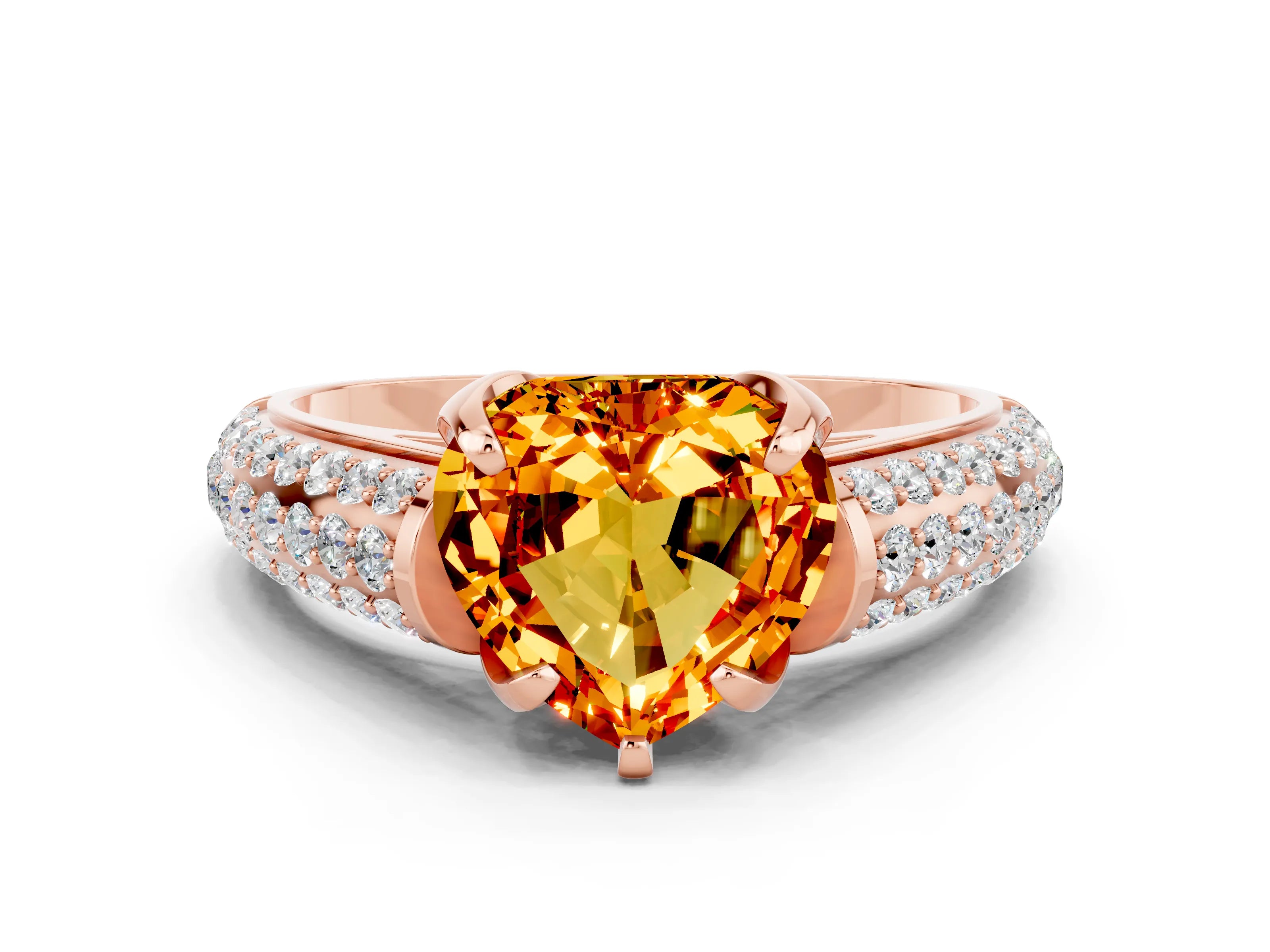 Rose gold Heart Cut Citrine Solitaire Ring with Three-Row Pavé Band and Four-Prong Setting_12