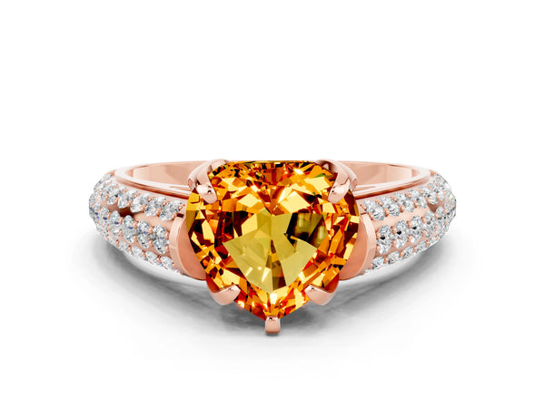 Rose gold Heart Cut Citrine Solitaire Ring with Three-Row Pavé Band and Four-Prong Setting