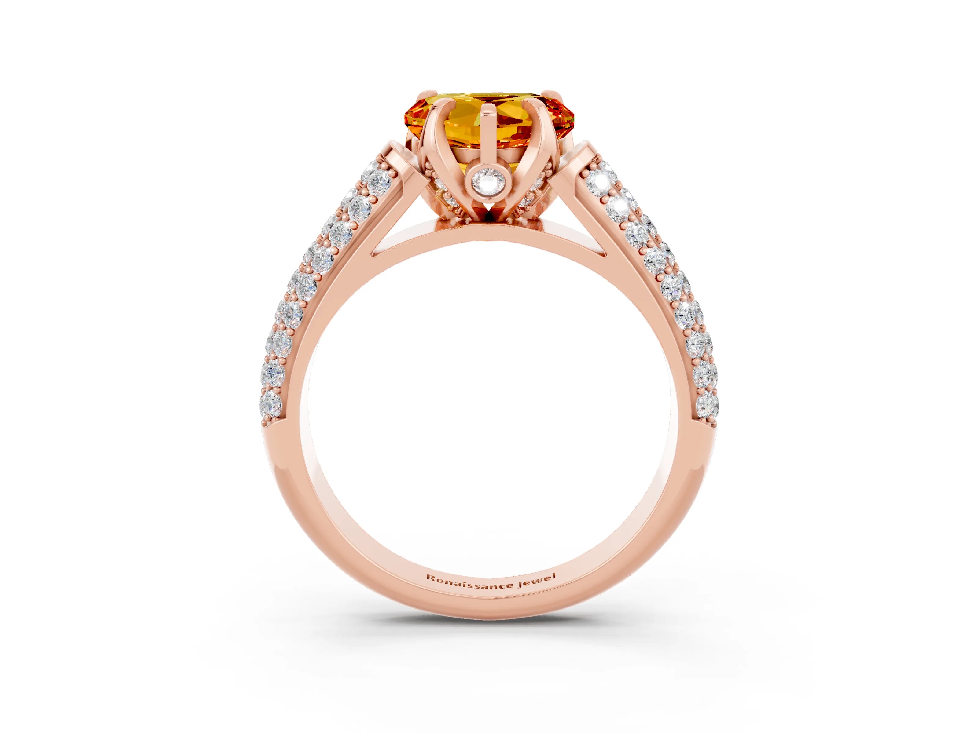 Rose gold Heart Cut Citrine Solitaire Ring with Three-Row Pavé Band and Four-Prong Setting_15