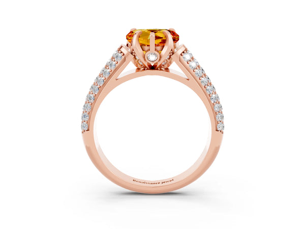 Rose gold Heart Cut Citrine Solitaire Ring with Three-Row Pavé Band and Four-Prong Setting