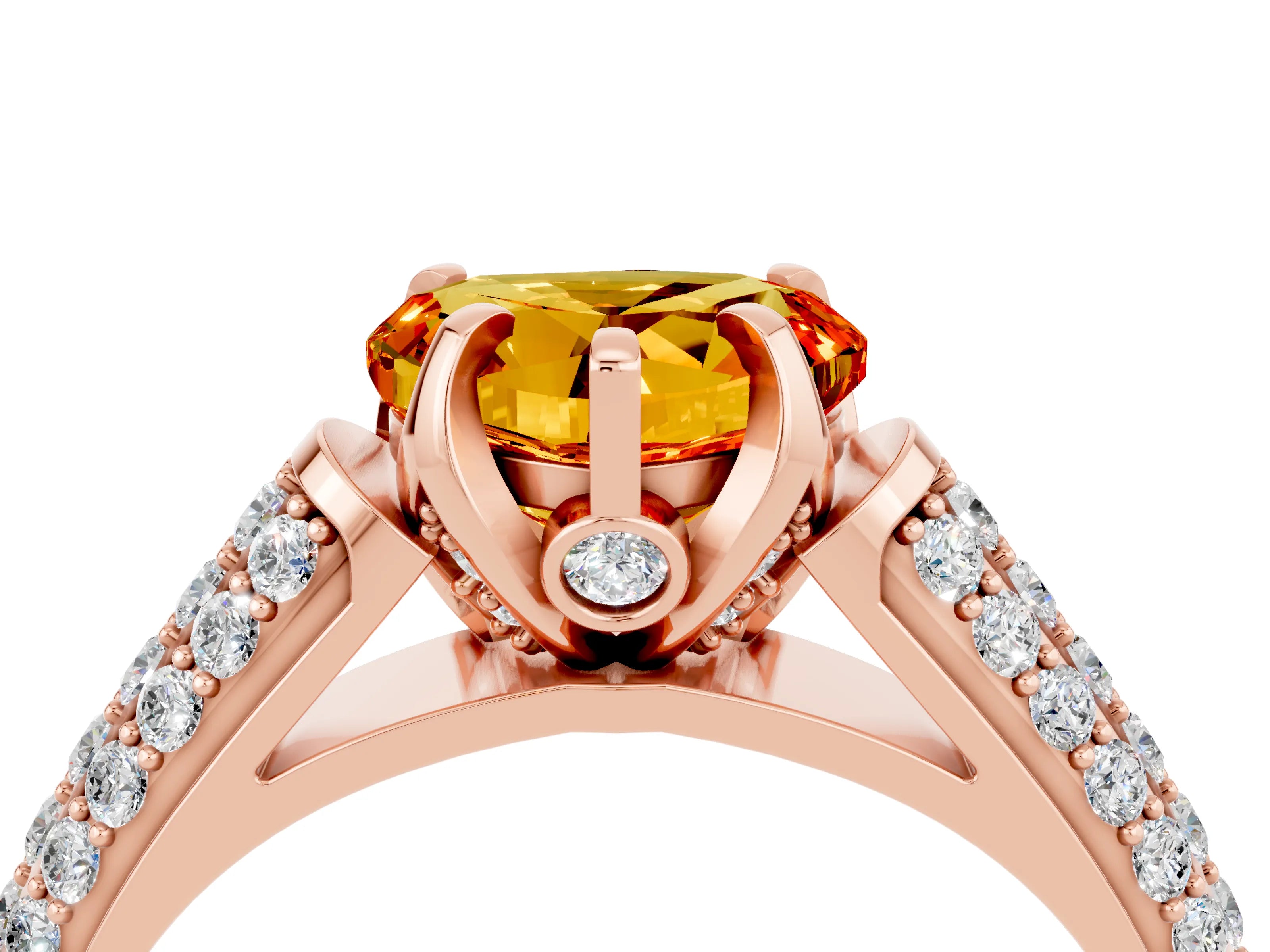 Rose gold Heart Cut Citrine Solitaire Ring with Three-Row Pavé Band and Four-Prong Setting_16