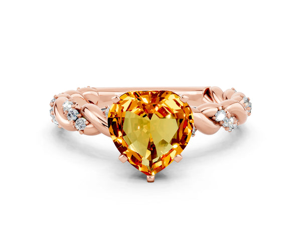 Rose gold Heart Cut Citrine Solitaire Ring with Twisted Band and Pavé Accents
