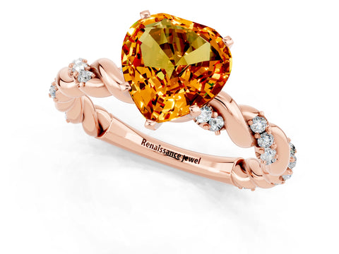 Rose gold Heart Cut Citrine Solitaire Ring with Twisted Band and Pavé Accents_1