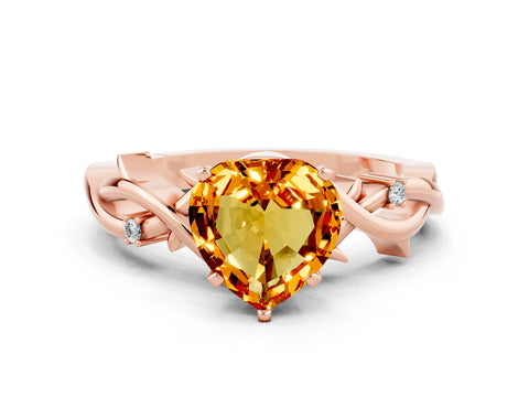 Rose gold Heart Cut Citrine Solitaire Ring with Twisted Band and Prong Setting