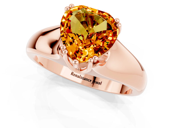 Rose gold Heart Cut Citrine Solitaire Ring with Wide Band and Prong Setting