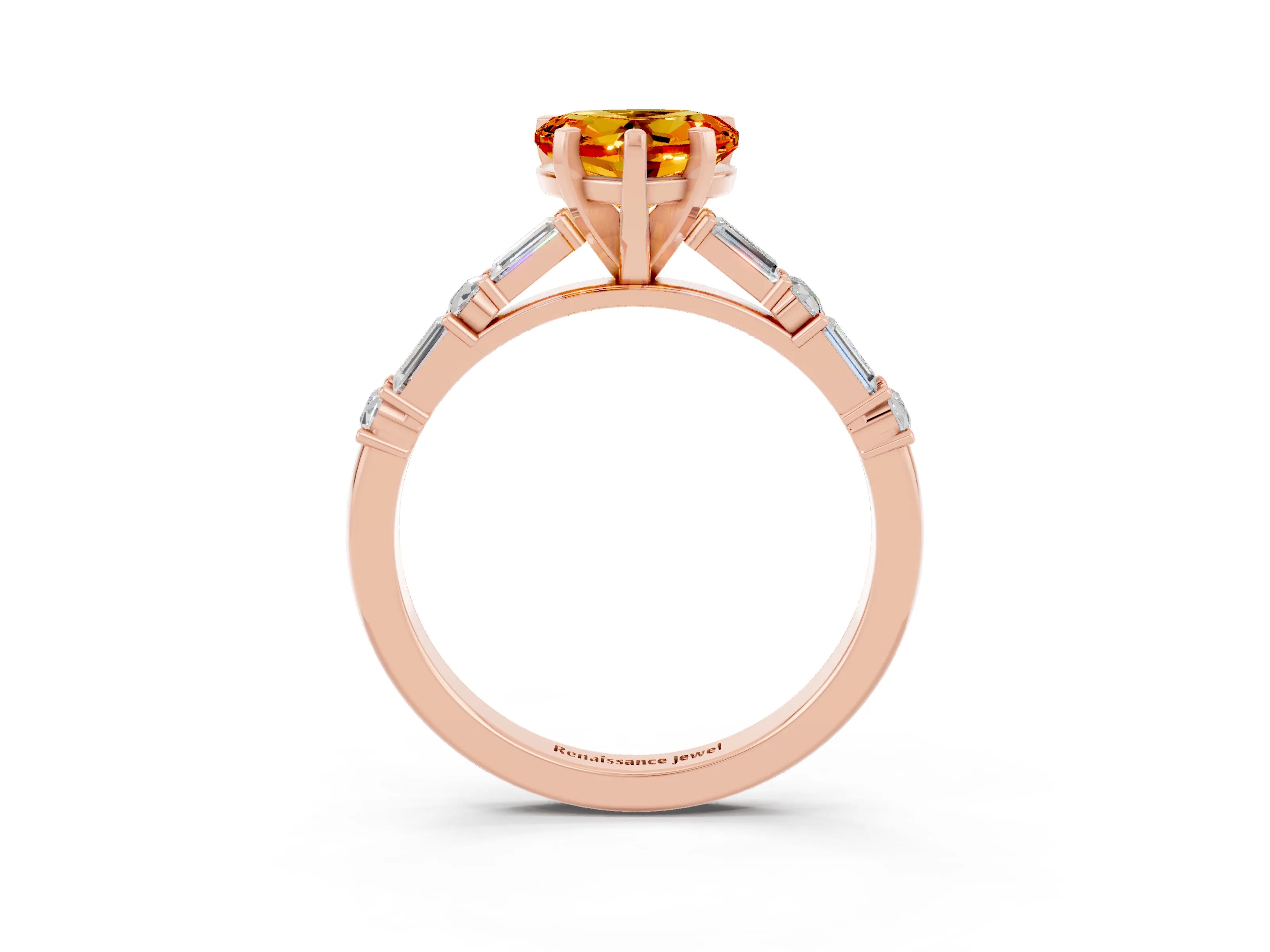 Rose gold Heart Cut Citrine Solitaire with Side Baguettes and Channel Set Band_3
