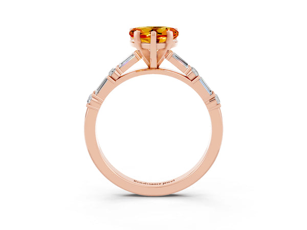 Rose gold Heart Cut Citrine Solitaire with Side Baguettes and Channel Set Band