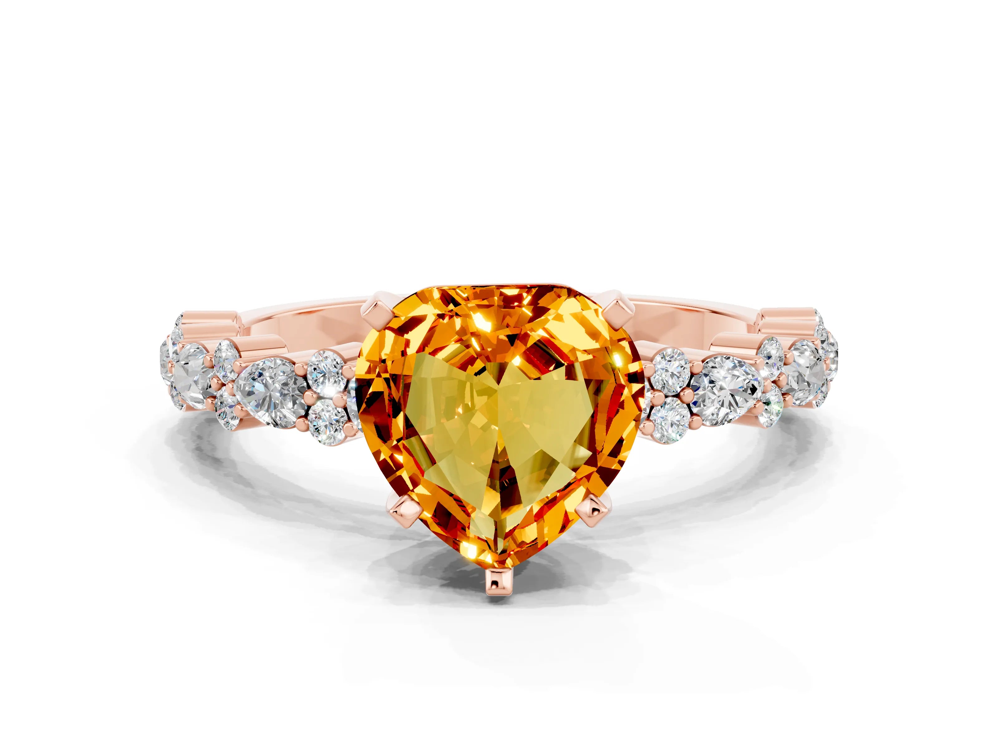 Rose gold Heart Cut Citrine Solitaire with Side Stones, Pave Band, Four-Prong Setting_36