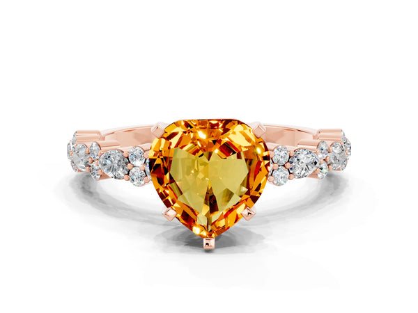 Rose gold Heart Cut Citrine Side Stone Solitaire Ring with Round  and Four-Prong Setting