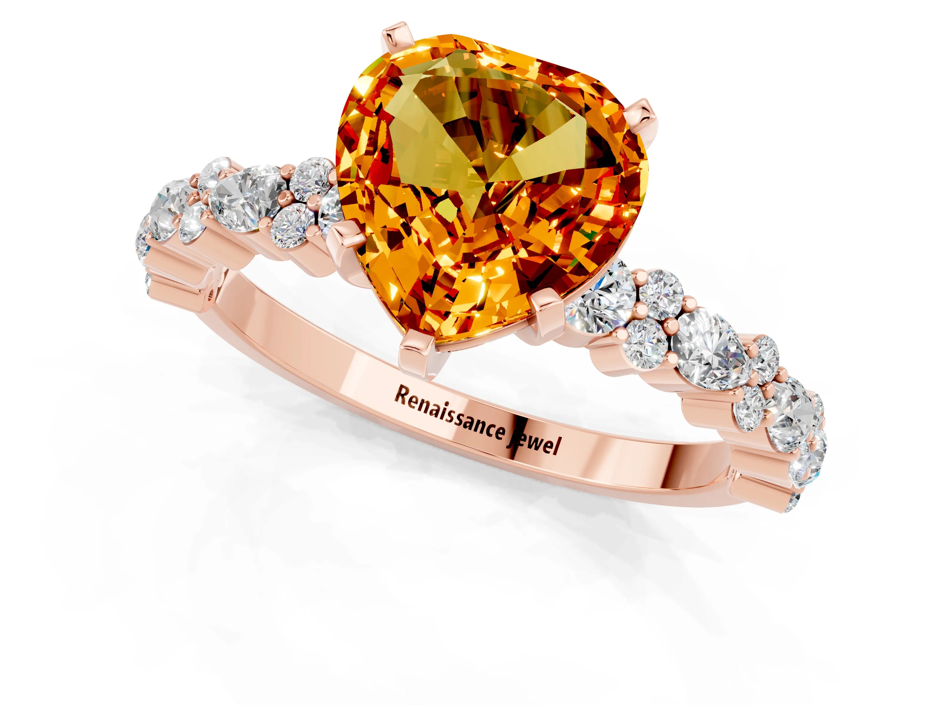 Rose gold Heart Cut Citrine Solitaire with Side Stones, Pave Band, Four-Prong Setting_37