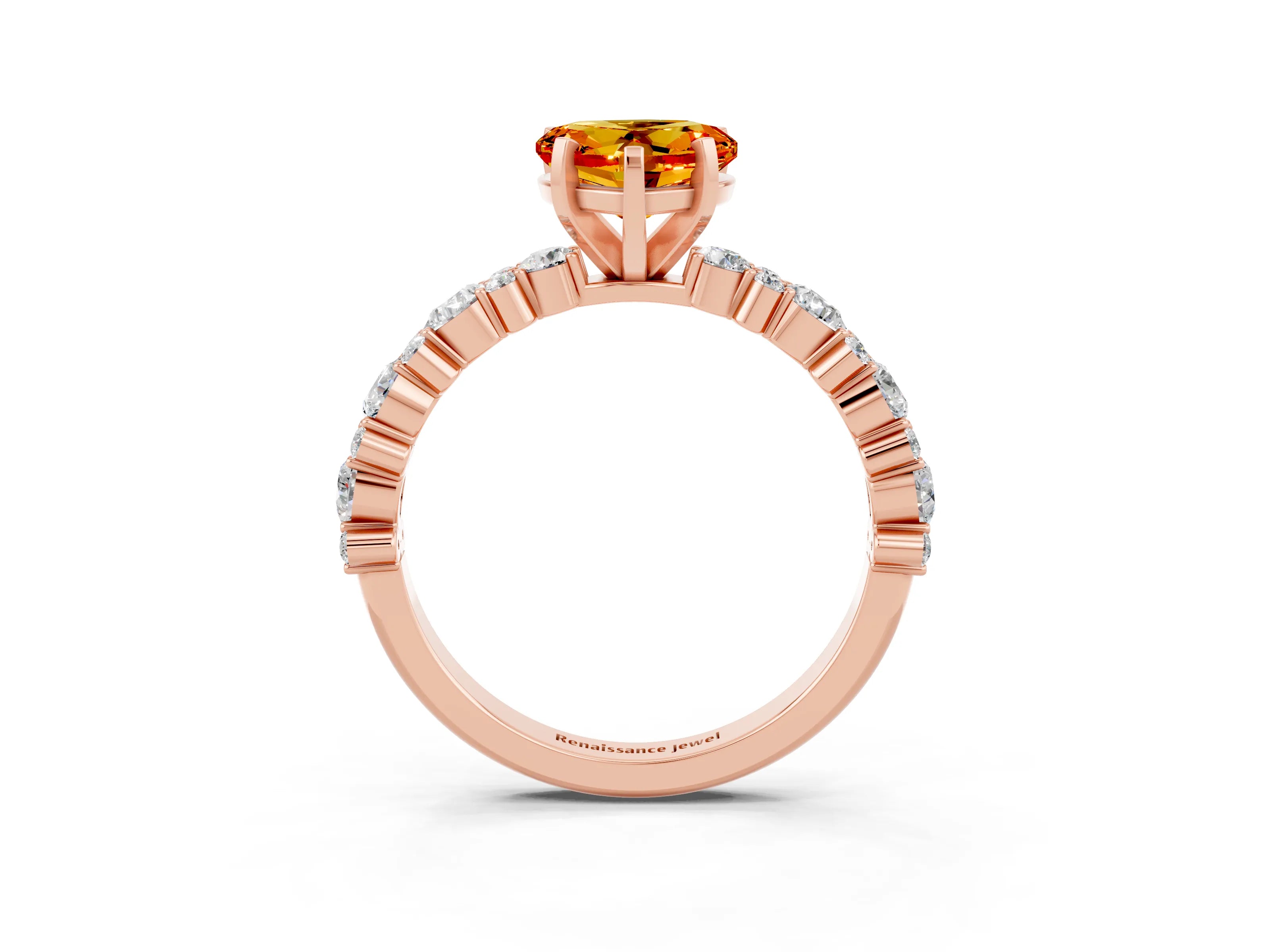 Rose gold Heart Cut Citrine Solitaire with Side Stones, Pave Band, Four-Prong Setting_39