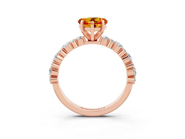 Rose gold Heart Cut Citrine Side Stone Solitaire Ring with Round  and Four-Prong Setting