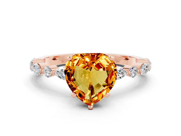 Rose gold Heart Cut Citrine Ring with Marquise and Round  Side Stones and Four-Prong Setting