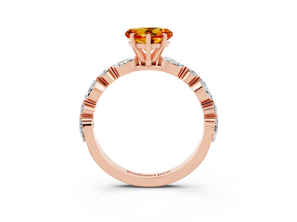 Rose gold Heart Cut Citrine Ring with Marquise and Round  Side Stones and Four-Prong Setting
