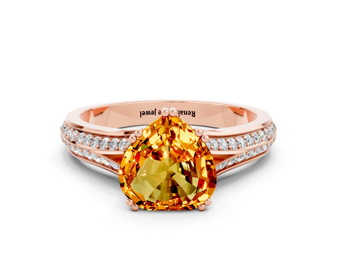 Rose gold Heart Cut Citrine Split Shank Engagement Ring with Pavé Band