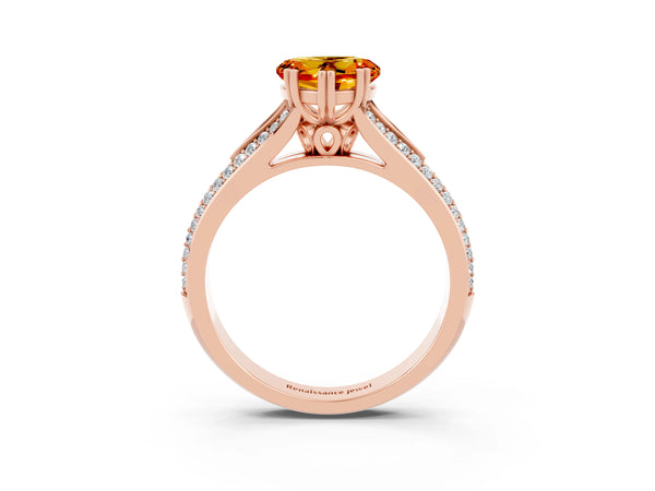 Rose gold Heart Cut Citrine Split Shank Engagement Ring with Pavé Band