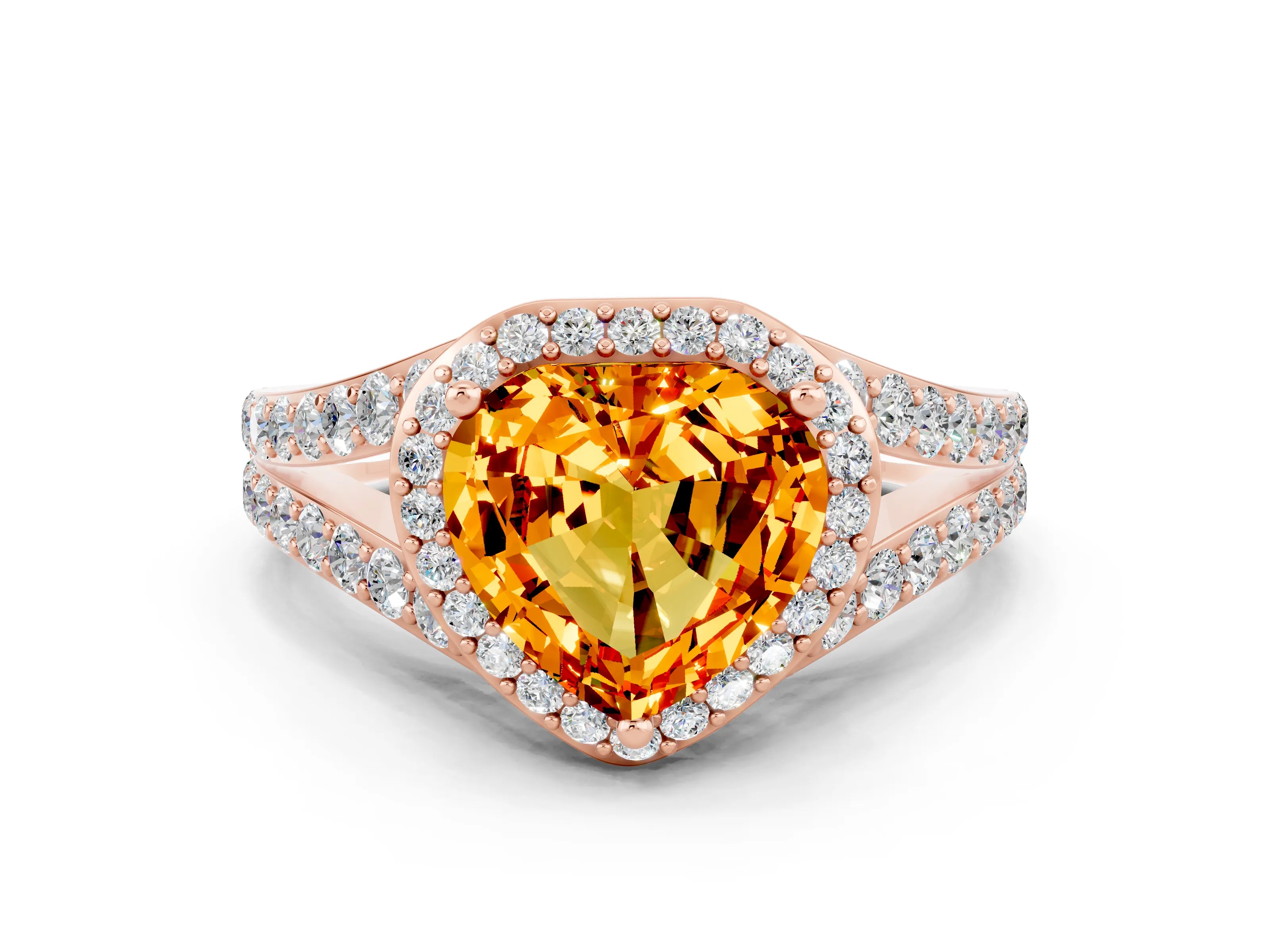 Rose gold Heart Cut Citrine Split Shank Halo Ring with Four-Prong Setting_12