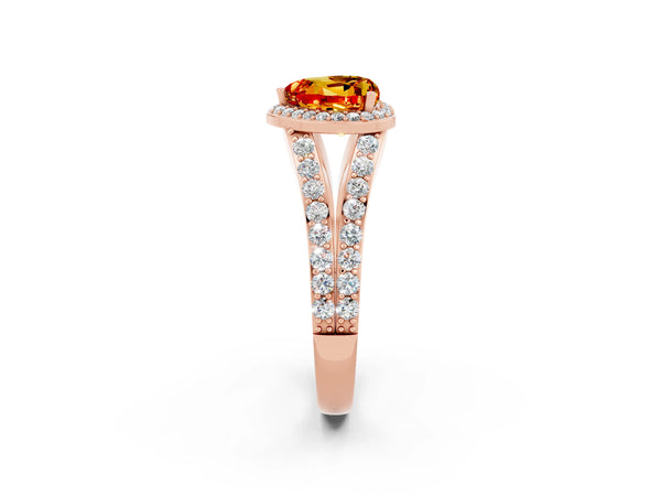 Rose gold Heart Cut Citrine Split Shank Halo Ring with Four-Prong Setting