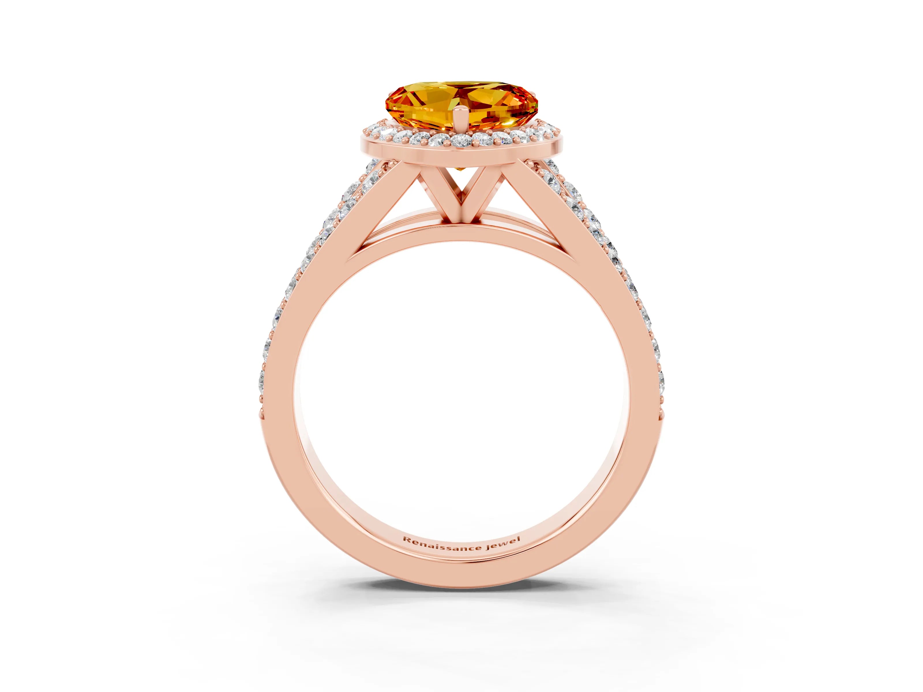 Rose gold Heart Cut Citrine Split Shank Halo Ring with Four-Prong Setting_15