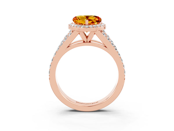 Rose gold Heart Cut Citrine Split Shank Halo Ring with Four-Prong Setting