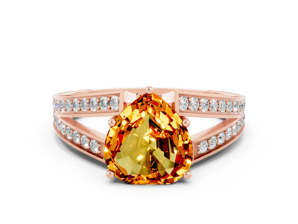 Rose gold Heart Cut Citrine Split Shank Ring with Pavé Band and Four-Prong Setting