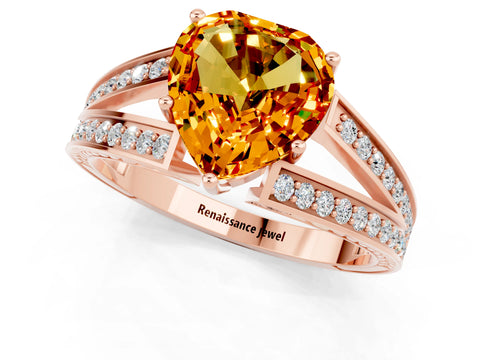 Rose gold Heart Cut Citrine Split Shank Ring with Pavé Band and Four-Prong Setting_1